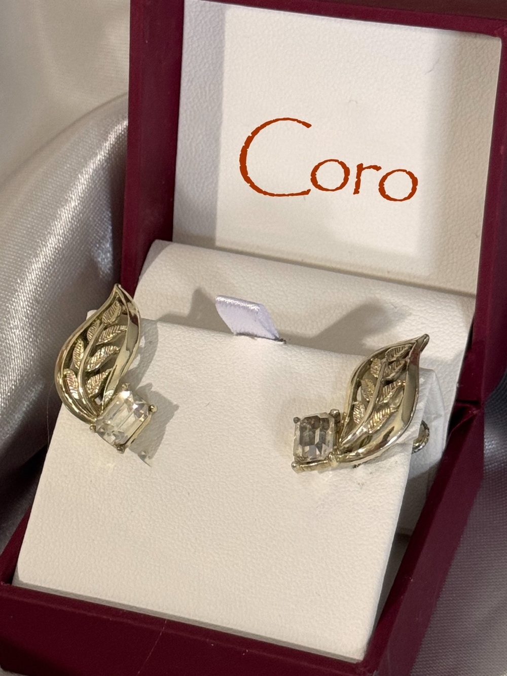 Elegant Silver-Tone Screw-back Leaf Style Earrings by Coro